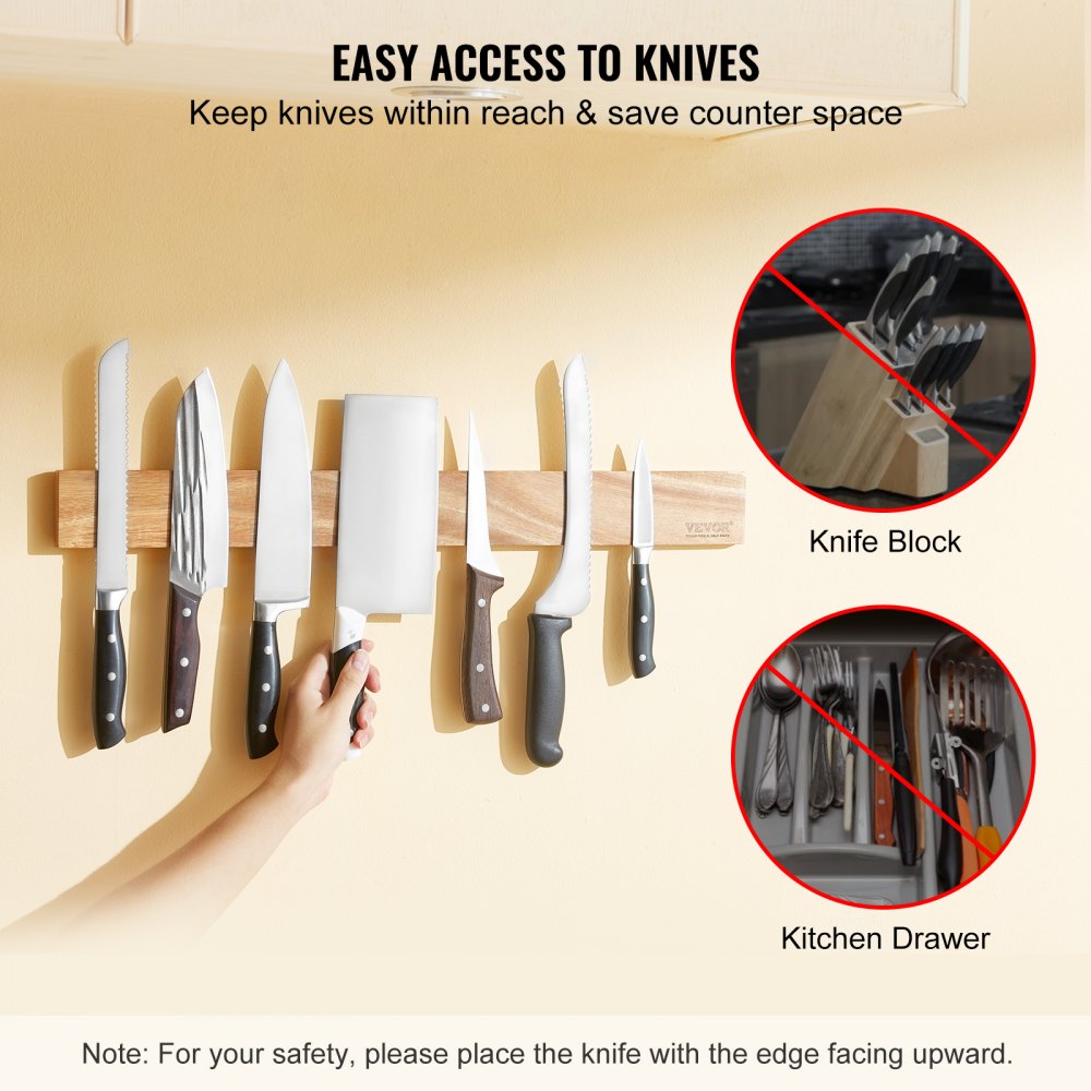 Magnetic Knife Holder with Enhanced Strong Magnet, 24" No Drilling Knife Strips Organizer for Wall, Multifunctional Storage Acacia Wood Knives Rack, Knife Bar for Kitchen Knives, Utensils, Tools