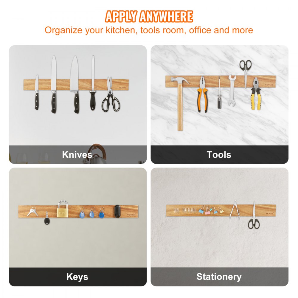 Magnetic Knife Holder with Enhanced Strong Magnet, 24" No Drilling Knife Strips Organizer for Wall, Multifunctional Storage Acacia Wood Knives Rack, Knife Bar for Kitchen Knives, Utensils, Tools