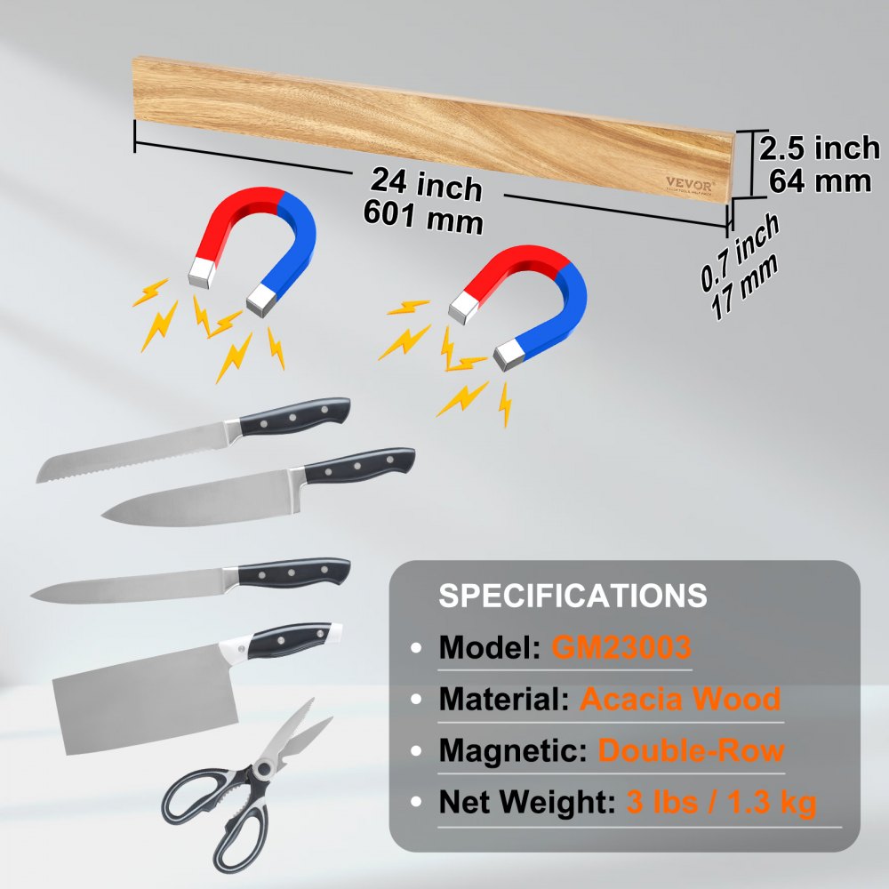 Magnetic Knife Holder with Enhanced Strong Magnet, 24" No Drilling Knife Strips Organizer for Wall, Multifunctional Storage Acacia Wood Knives Rack, Knife Bar for Kitchen Knives, Utensils, Tools