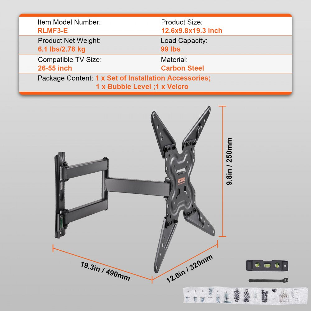 Full Motion TV Mount Fits for Most 26-55 inch TVs, Swivel Tilt Horizontal Adjustment TV Wall Mount Bracket with Articulating Arm, Max VESA 400x400mm , Holds up to 99 lbs