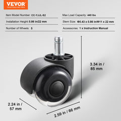 Office Chair Wheels, Set of 5, 2 inch Caster Wheels Replacement for Hardwood Floors and Carpet, Heavy Duty Computer Gaming Desk Casters with Double Wheels, 440 lbs Load Capacity, Universal Fit