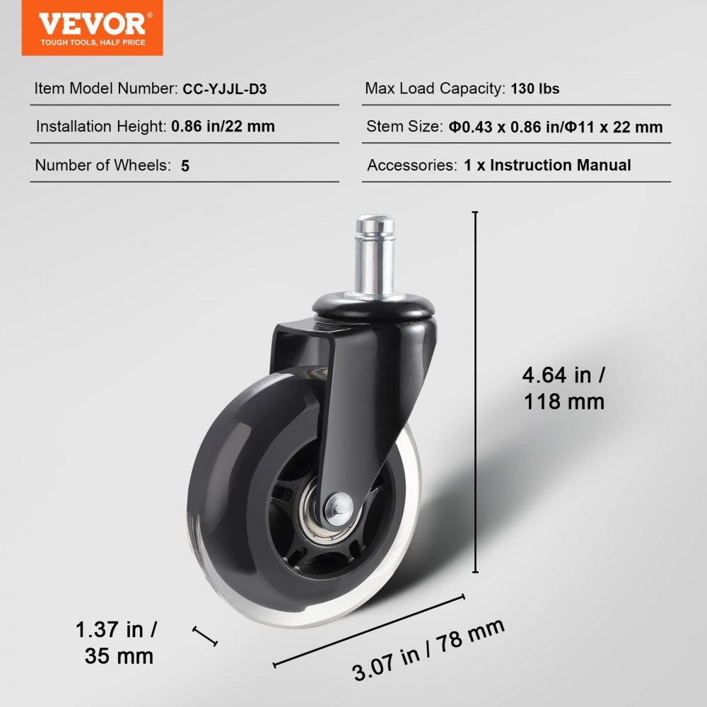 Office Chair Wheels, Set of 5, 3 inch Caster Wheels Replacement for Hardwood Floors and Carpet, Heavy Duty Computer Gaming Desk Casters with 130 lbs Load Capacity, Universal Fit for Most Chairs