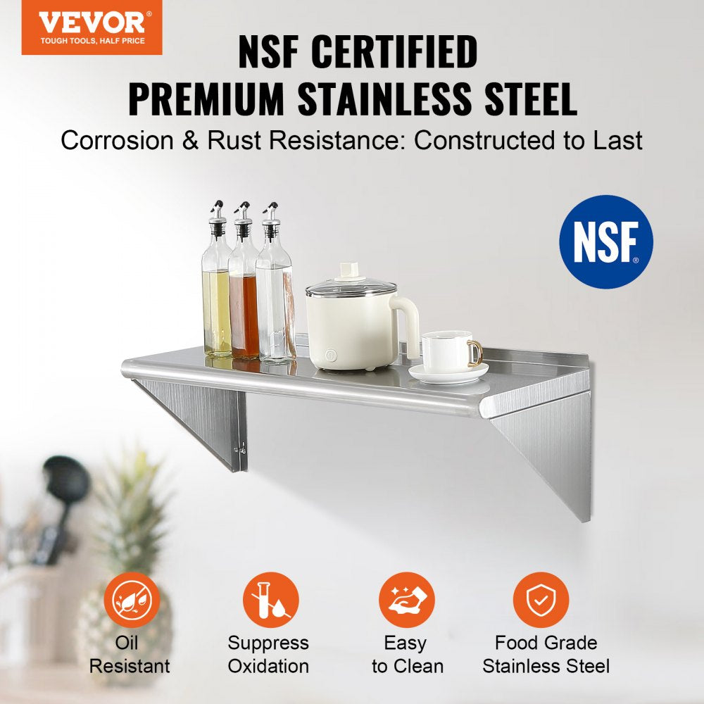 12" x 36" Stainless Steel Shelf, Wall Mounted Floating Shelving with Brackets, 250 lbs Load Capacity Commercial Shelves, Heavy Duty Storage Rack for Restaurant, Kitchen, Bar, Home, and Hotel