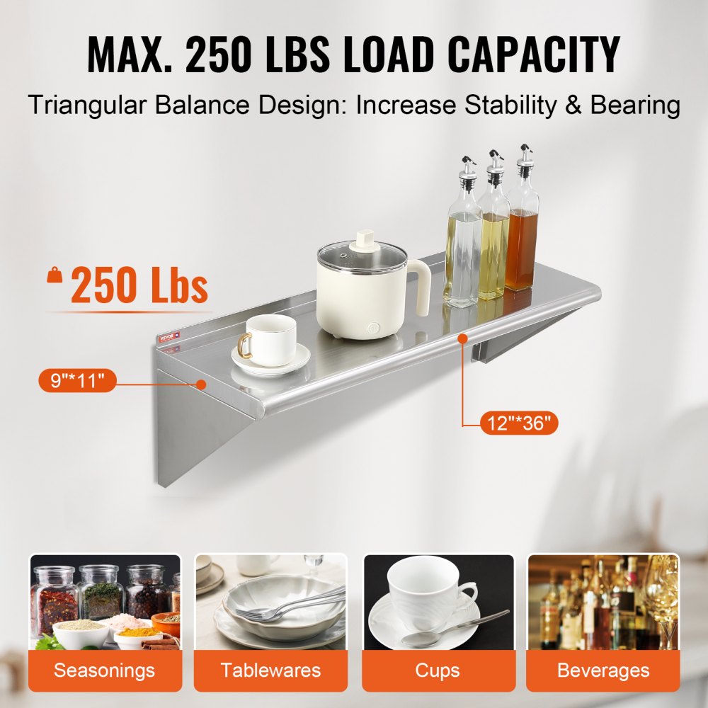 12" x 36" Stainless Steel Shelf, Wall Mounted Floating Shelving with Brackets, 250 lbs Load Capacity Commercial Shelves, Heavy Duty Storage Rack for Restaurant, Kitchen, Bar, Home, and Hotel