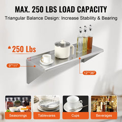 12" x 36" Stainless Steel Shelf, Wall Mounted Floating Shelving with Brackets, 250 lbs Load Capacity Commercial Shelves, Heavy Duty Storage Rack for Restaurant, Kitchen, Bar, Home, and Hotel