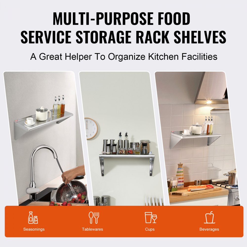 12" x 36" Stainless Steel Shelf, Wall Mounted Floating Shelving with Brackets, 250 lbs Load Capacity Commercial Shelves, Heavy Duty Storage Rack for Restaurant, Kitchen, Bar, Home, and Hotel