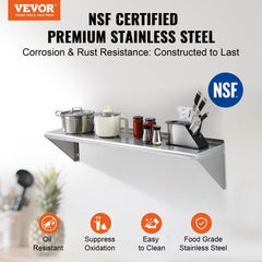 12" x 48" Stainless Steel Shelf, Wall Mounted Floating Shelving with Brackets, 280 lbs Load Capacity Commercial Shelves, Heavy Duty Storage Rack for Restaurant, Kitchen, Bar, Home, and Hotel