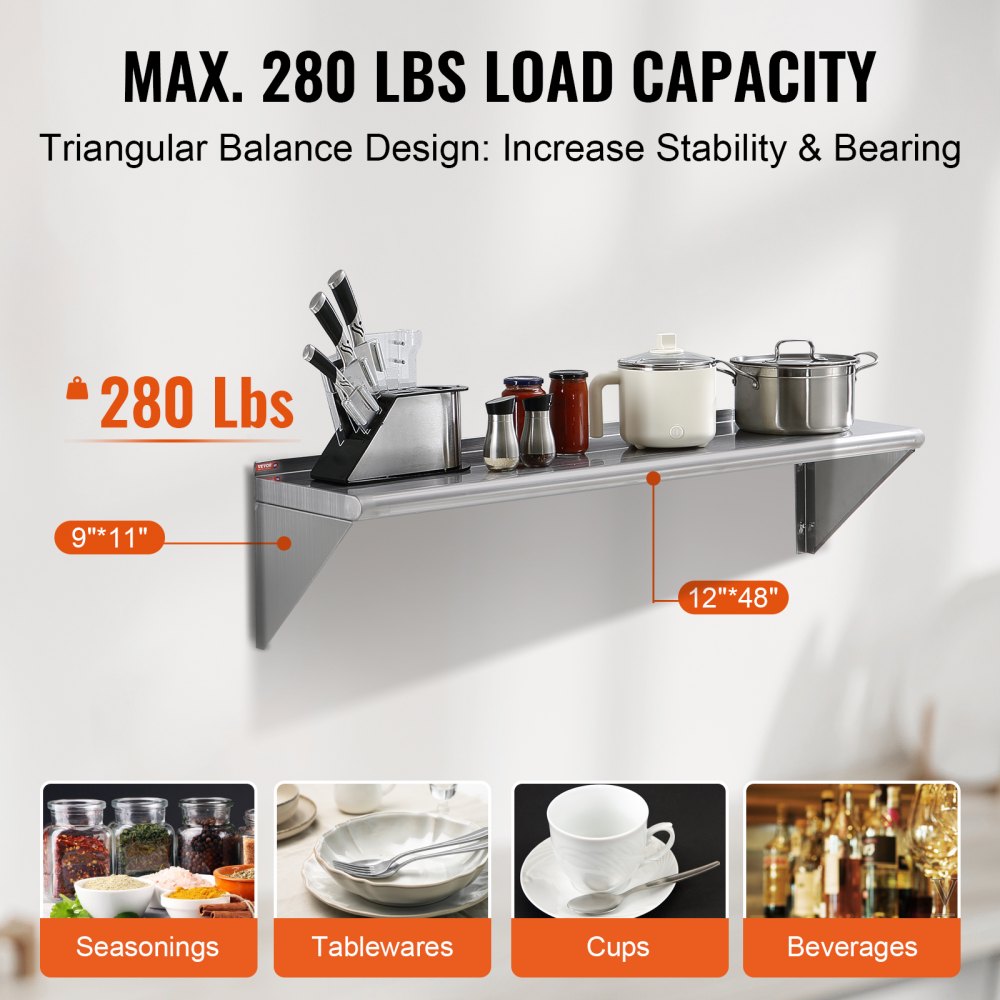 12" x 48" Stainless Steel Shelf, Wall Mounted Floating Shelving with Brackets, 280 lbs Load Capacity Commercial Shelves, Heavy Duty Storage Rack for Restaurant, Kitchen, Bar, Home, and Hotel