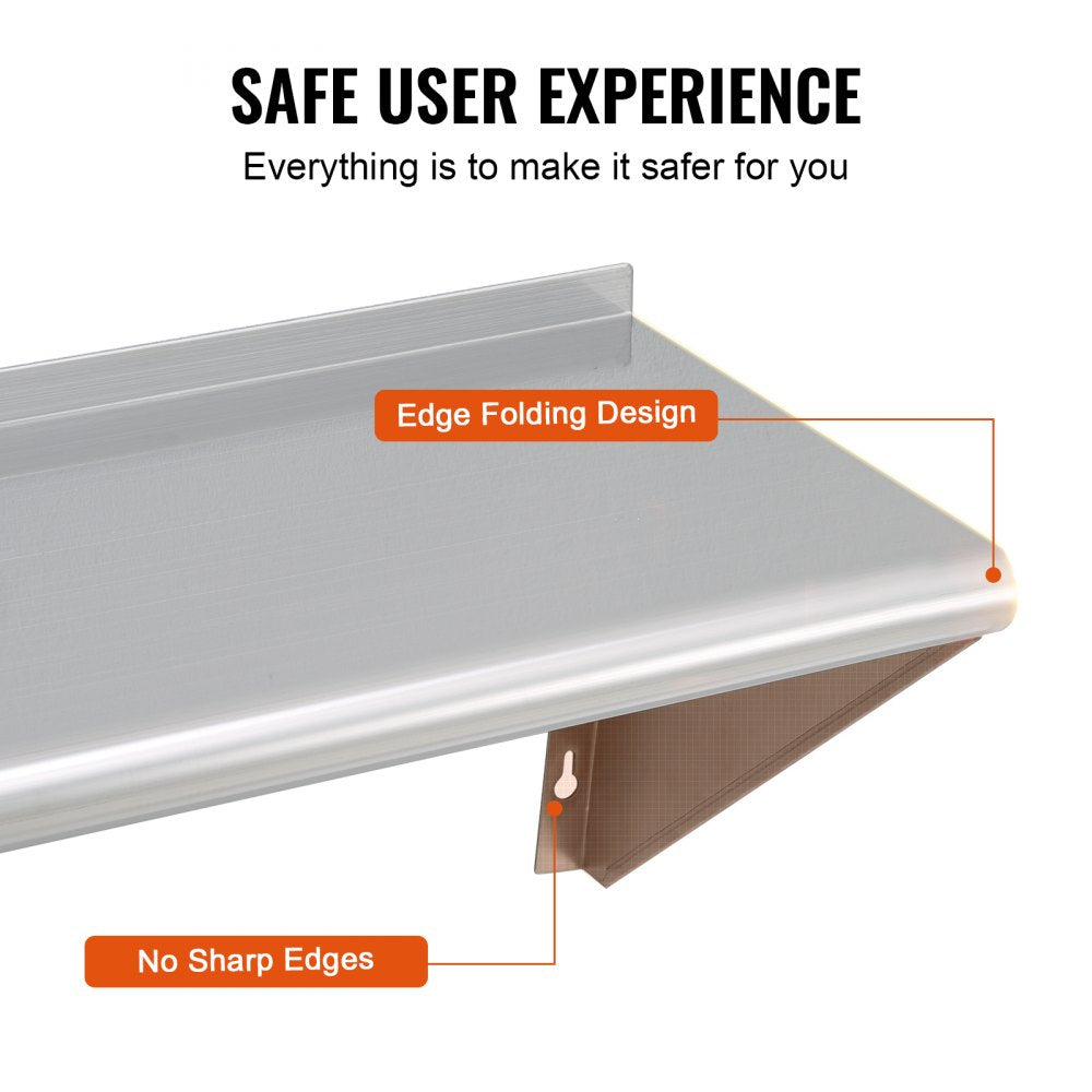 12" x 48" Stainless Steel Shelf, Wall Mounted Floating Shelving with Brackets, 280 lbs Load Capacity Commercial Shelves, Heavy Duty Storage Rack for Restaurant, Kitchen, Bar, Home, and Hotel