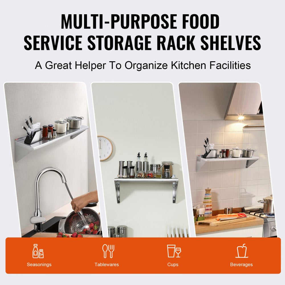 12" x 48" Stainless Steel Shelf, Wall Mounted Floating Shelving with Brackets, 280 lbs Load Capacity Commercial Shelves, Heavy Duty Storage Rack for Restaurant, Kitchen, Bar, Home, and Hotel