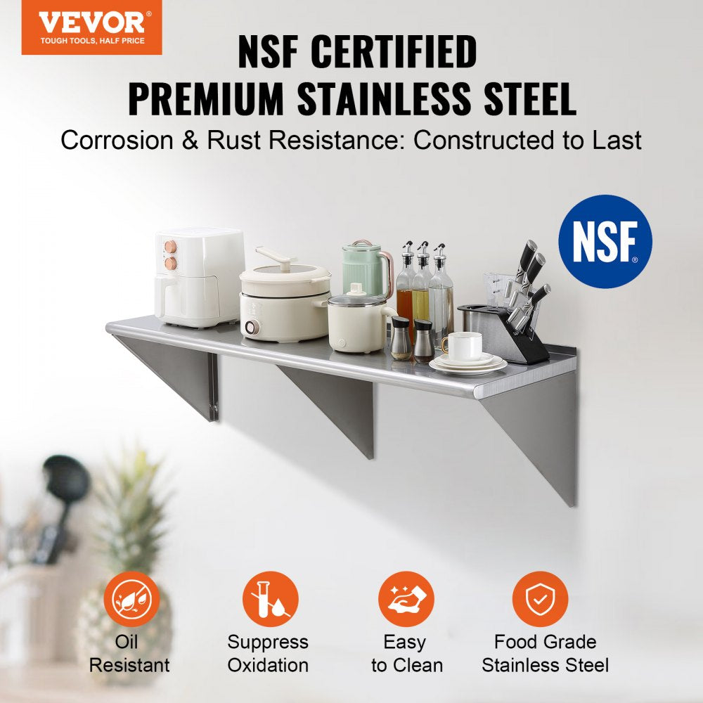 18" x 60" Stainless Steel Shelf, Wall Mounted Floating Shelving with Brackets, 450 lbs Load Capacity Commercial Shelves, Heavy Duty Storage Rack for Restaurant, Kitchen, Bar, Home, and Hotel
