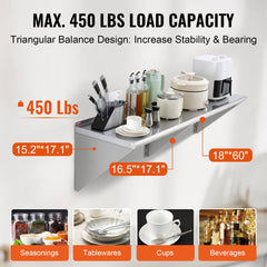 18" x 60" Stainless Steel Shelf, Wall Mounted Floating Shelving with Brackets, 450 lbs Load Capacity Commercial Shelves, Heavy Duty Storage Rack for Restaurant, Kitchen, Bar, Home, and Hotel