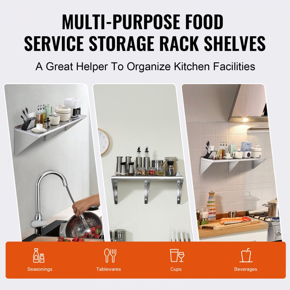 18" x 60" Stainless Steel Shelf, Wall Mounted Floating Shelving with Brackets, 450 lbs Load Capacity Commercial Shelves, Heavy Duty Storage Rack for Restaurant, Kitchen, Bar, Home, and Hotel