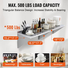 18" x 72" Stainless Steel Shelf, Wall Mounted Floating Shelving with Brackets, 500 lbs Load Capacity Commercial Shelves, Heavy Duty Storage Rack for Restaurant, Kitchen, Bar, Home, and Hotel