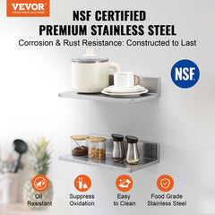 8.6" x 16" Stainless Steel Shelf, Wall Mounted Floating Shelving with Backsplash, 44 lbs Load Capacity Commercial Shelves, Heavy Duty Storage Rack for Restaurant, Kitchen, Bar, Home, and Hotel (2 Packs)