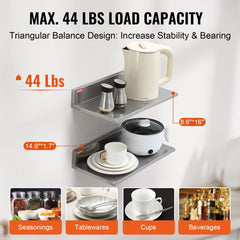 8.6" x 16" Stainless Steel Shelf, Wall Mounted Floating Shelving with Backsplash, 44 lbs Load Capacity Commercial Shelves, Heavy Duty Storage Rack for Restaurant, Kitchen, Bar, Home, and Hotel (2 Packs)
