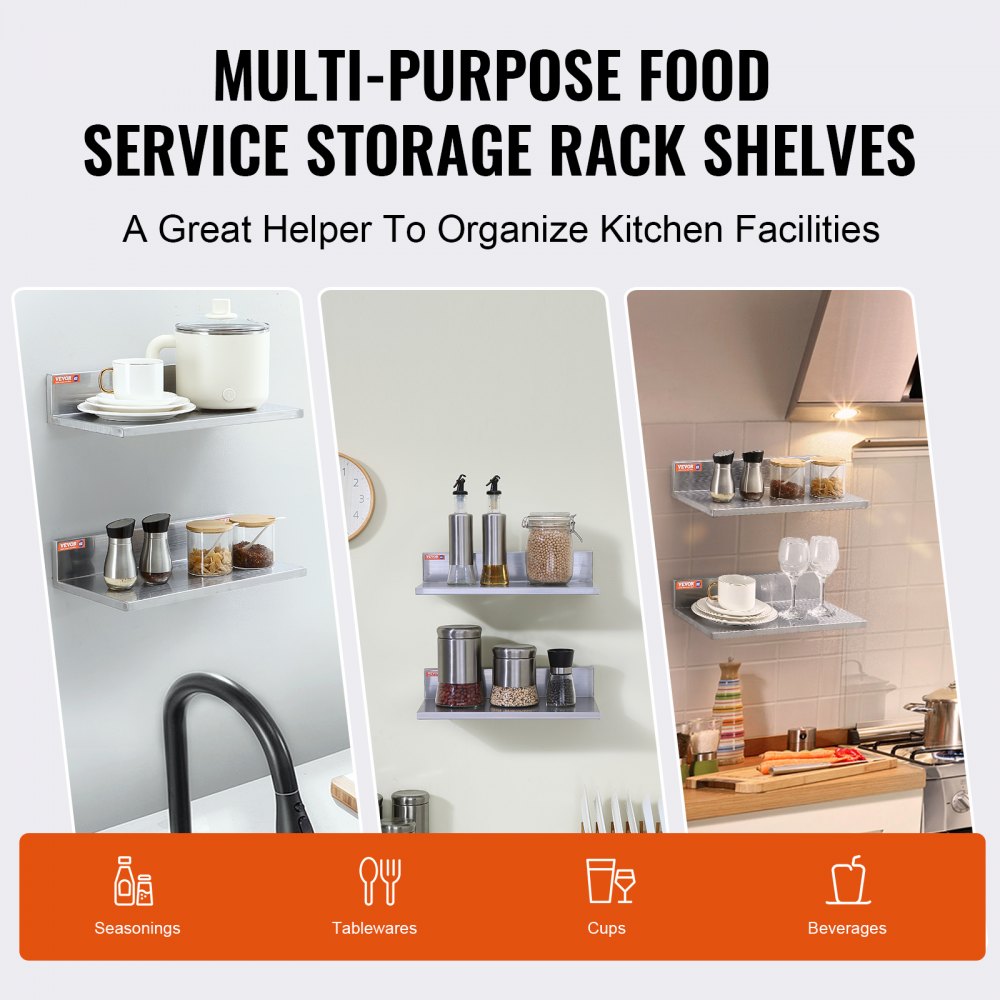 8.6" x 16" Stainless Steel Shelf, Wall Mounted Floating Shelving with Backsplash, 44 lbs Load Capacity Commercial Shelves, Heavy Duty Storage Rack for Restaurant, Kitchen, Bar, Home, and Hotel (2 Packs)