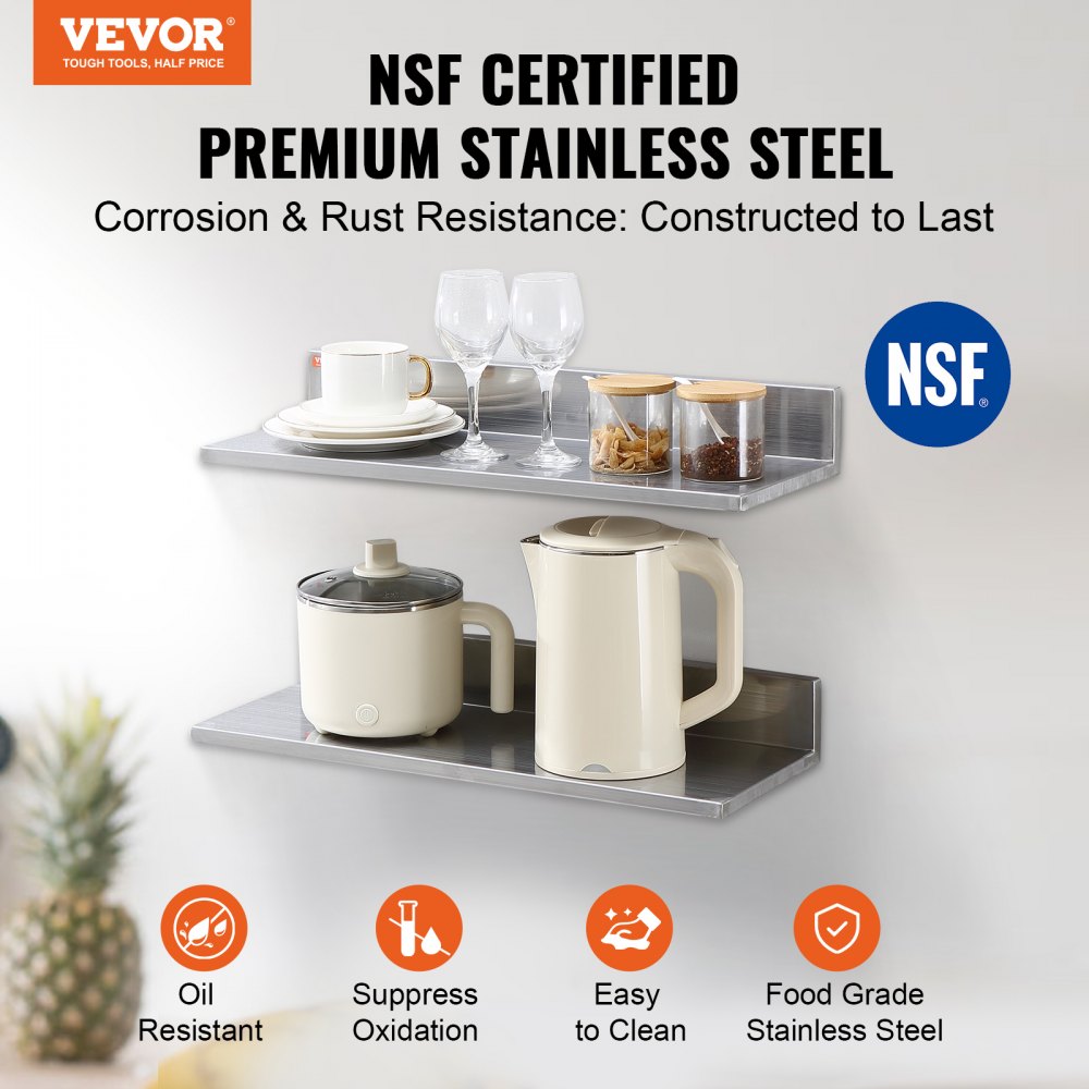 8.6" x 24" Stainless Steel Shelf, Wall Mounted Floating Shelving with Backsplash, 44 lbs Load Capacity Commercial Shelves, Heavy Duty Storage Rack for Restaurant, Kitchen, Bar, Home, and Hotel (2 Packs)