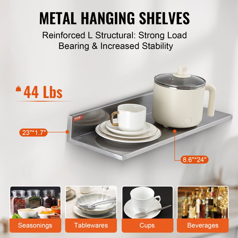 8.6" x 24" Stainless Steel Shelf, Wall Mounted Floating Shelving with Backsplash, 44 lbs Load Capacity Commercial Shelves, Heavy Duty Storage Rack for Restaurant, Kitchen, Bar, Home, and Hotel (2 Packs)