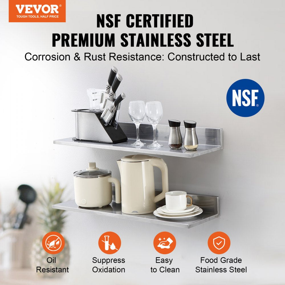 8.6" x 30" Stainless Steel Shelf, Wall Mounted Floating Shelving with Backsplash, 44 lbs Load Capacity Commercial Shelves, Heavy Duty Storage Rack for Restaurant, Kitchen, Bar, Home, and Hotel (2 Packs)