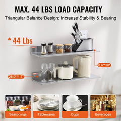8.6" x 30" Stainless Steel Shelf, Wall Mounted Floating Shelving with Backsplash, 44 lbs Load Capacity Commercial Shelves, Heavy Duty Storage Rack for Restaurant, Kitchen, Bar, Home, and Hotel (2 Packs)