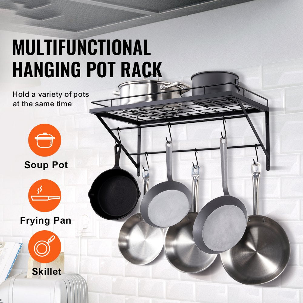 Pot Rack Wall Mounted, 24 inch Pot and Pan Hanging Rack, Pot and Pan Hanger with 12 S Hooks, 55 lbs Loading Weight, Ideal for Pans, Utensils, Cookware in Kitchen