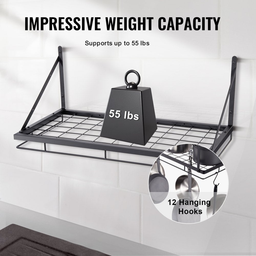Pot Rack Wall Mounted, 24 inch Pot and Pan Hanging Rack, Pot and Pan Hanger with 12 S Hooks, 55 lbs Loading Weight, Ideal for Pans, Utensils, Cookware in Kitchen