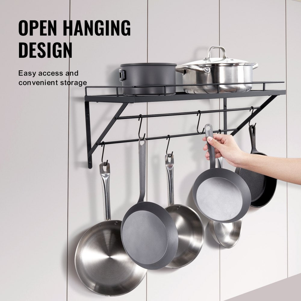 Pot Rack Wall Mounted, 24 inch Pot and Pan Hanging Rack, Pot and Pan Hanger with 12 S Hooks, 55 lbs Loading Weight, Ideal for Pans, Utensils, Cookware in Kitchen