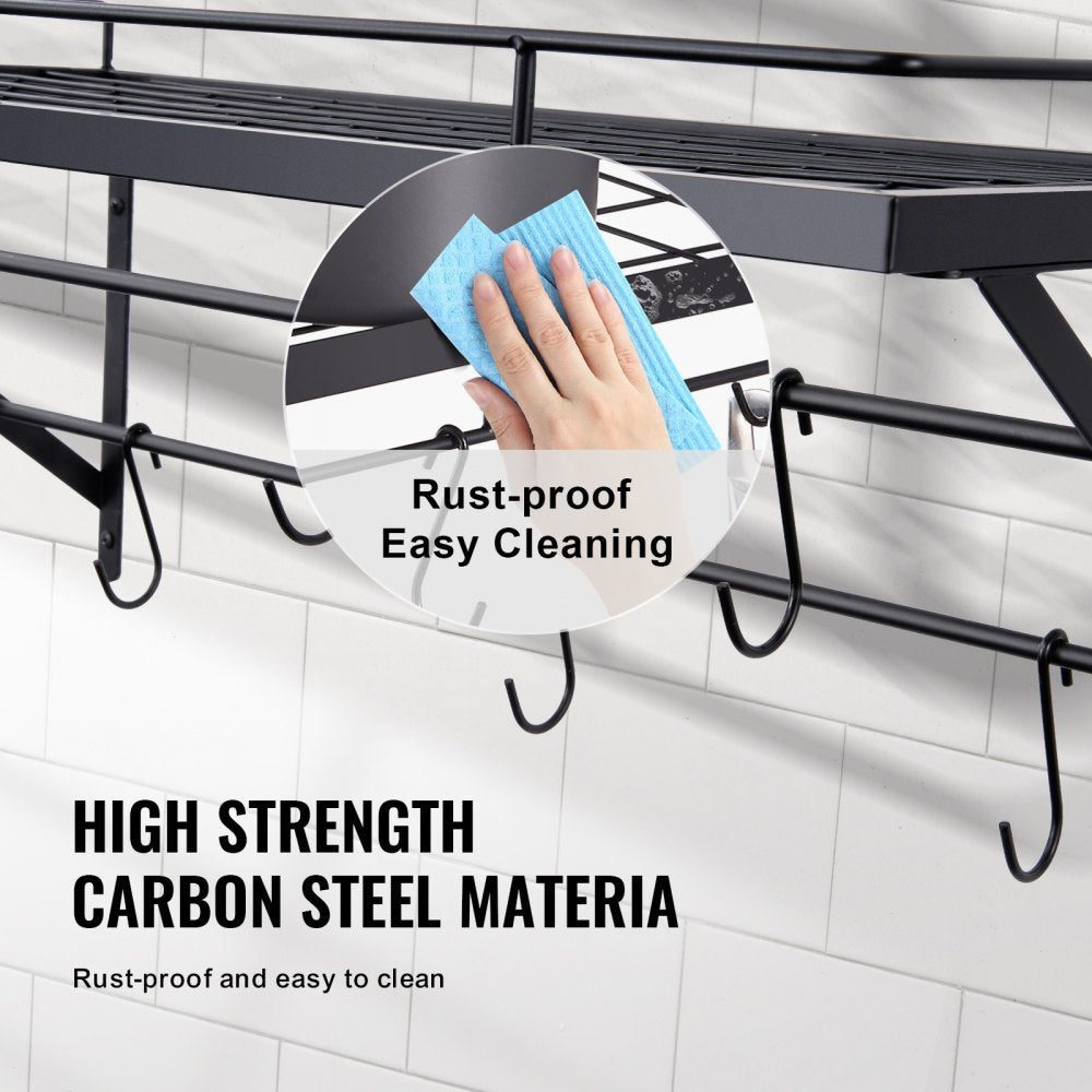 Pot Rack Wall Mounted, 24 inch Pot and Pan Hanging Rack, Pot and Pan Hanger with 12 S Hooks, 55 lbs Loading Weight, Ideal for Pans, Utensils, Cookware in Kitchen