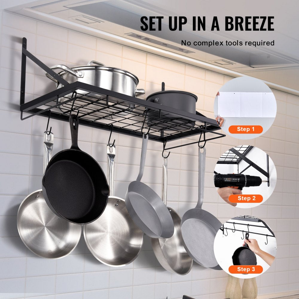 Pot Rack Wall Mounted, 24 inch Pot and Pan Hanging Rack, Pot and Pan Hanger with 12 S Hooks, 55 lbs Loading Weight, Ideal for Pans, Utensils, Cookware in Kitchen