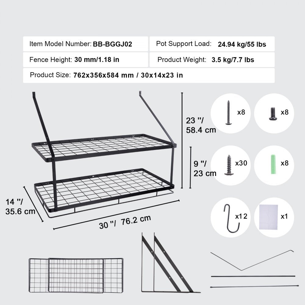 Pot Rack Wall Mounted, 30 inch Pot and Pan Hanging Rack, Pot and Pan Hanger with 12 S Hooks, 55 lbs Loading Weight, Ideal for Pans, Utensils, Cookware in Kitchen