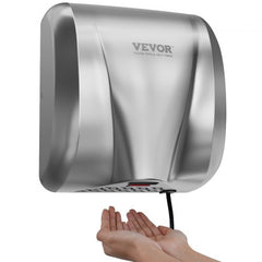 Stainless steel automatic hand dryer with infrared sensor and HEPA filter for hygienic drying.