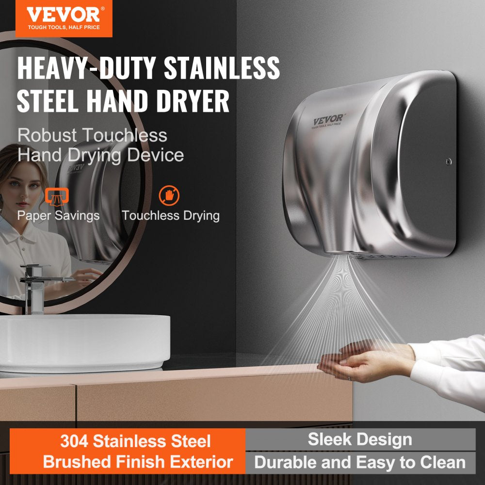 Stainless steel automatic hand dryer with infrared sensor and HEPA filter for hygienic drying.