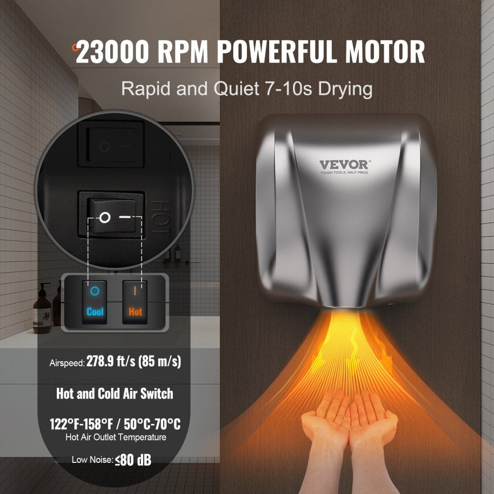 Stainless steel automatic hand dryer with infrared sensor and powerful 1300W motor.
