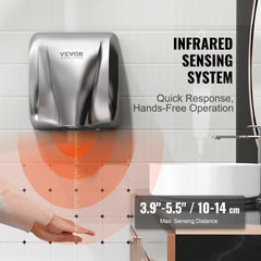 Stainless steel automatic hand dryer with infrared sensor and HEPA filter for hygienic drying.