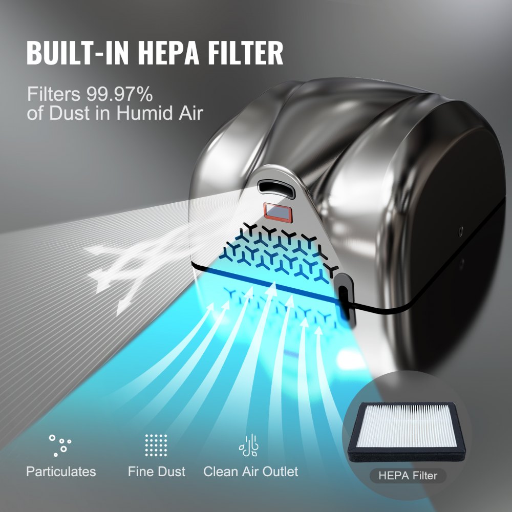 Stainless steel automatic hand dryer with infrared sensor and HEPA filter for hygienic drying.