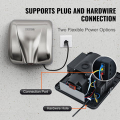 Stainless steel automatic hand dryer with infrared sensor and powerful 1300W motor.