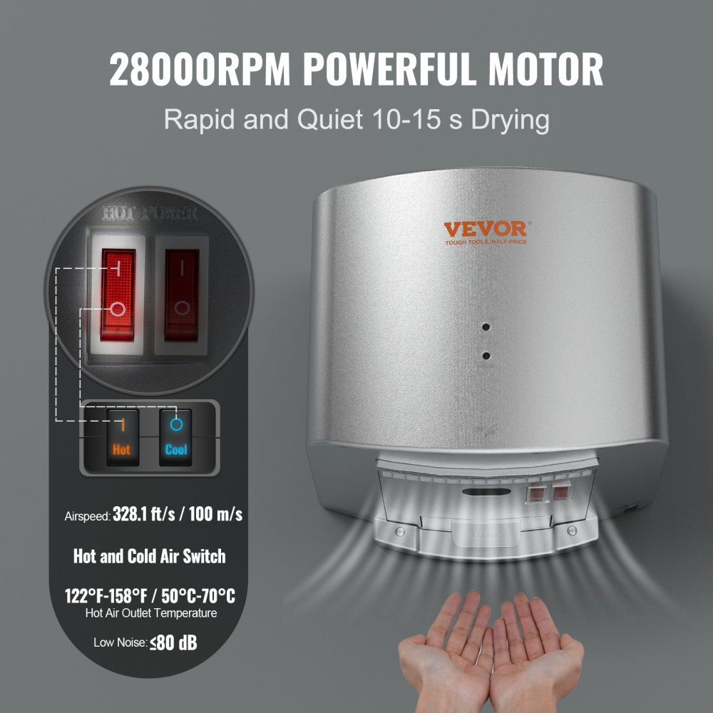 Bostome commercial hand dryer with a 1400W motor and automatic infrared sensor for touchless use.