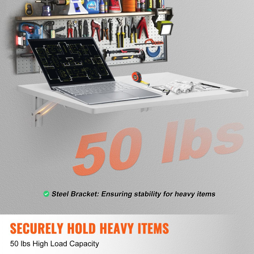 Wall Mounted Folding Table, 23.62" x 15.75" Wall Mount Drop Leaf Table, Floating Desk with Iron Bracket, Fold Down Desk for Small Spaces, Home Office, Dining, Laundry Room, Kitchen, Bar, White