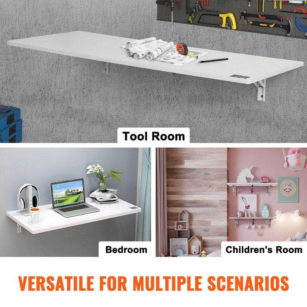 Wall Mounted Folding Table, 43.31" x 18.11" Wall Mount Drop Leaf Table, Floating Desk with Iron Bracket, Fold Down Desk for Small Spaces, Home Office, Dining, Laundry Room, Kitchen, Bar, White