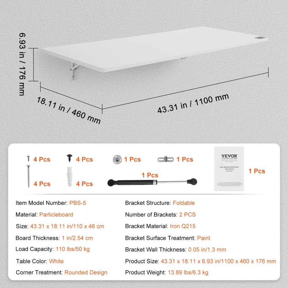 Wall Mounted Folding Table, 43.31" x 18.11" Wall Mount Drop Leaf Table, Floating Desk with Iron Bracket, Fold Down Desk for Small Spaces, Home Office, Dining, Laundry Room, Kitchen, Bar, White