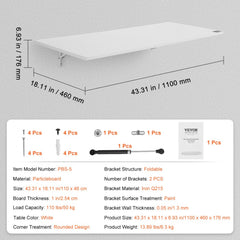 Wall Mounted Folding Table, 43.31" x 18.11" Wall Mount Drop Leaf Table, Floating Desk with Iron Bracket, Fold Down Desk for Small Spaces, Home Office, Dining, Laundry Room, Kitchen, Bar, White