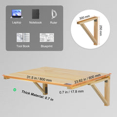 Wall Mounted Folding Table, 31.5" x 23.62" Wall Mount Drop Leaf Table, Wooden Floating Desk with Iron Bracket, Fold Down Desk for Small Spaces, Home Office, Dining, Laundry Room, Kitchen, Bar