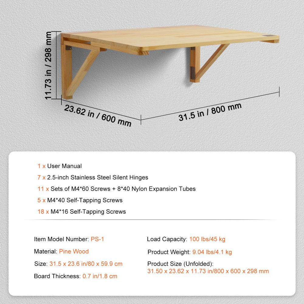 Wall Mounted Folding Table, 31.5" x 23.62" Wall Mount Drop Leaf Table, Wooden Floating Desk with Iron Bracket, Fold Down Desk for Small Spaces, Home Office, Dining, Laundry Room, Kitchen, Bar
