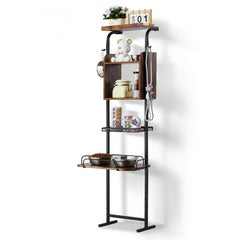 Black wood raised pet feeding station with storage shelves, bowls, and metal frame.