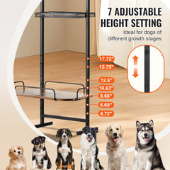 Black wood raised pet feeding station with adjustable height from 4.7 to 17.7 inches and storage shelf, shown with various dogs.