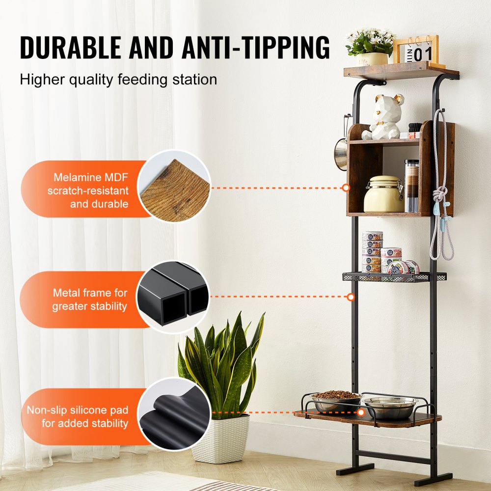 Black wood raised pet feeding station with storage shelf, metal frame, and anti-tip stability.