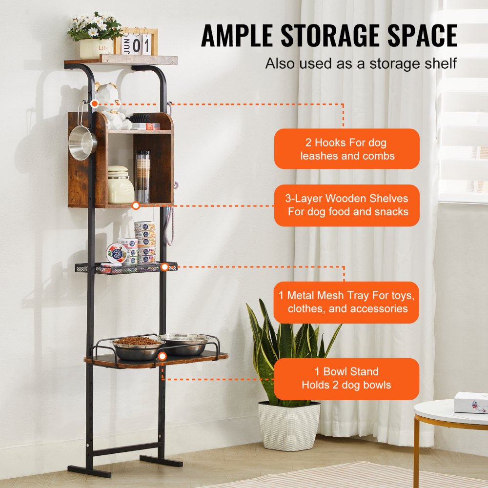 Black wood raised pet feeding station with multi-tier storage shelves and bowl stand.