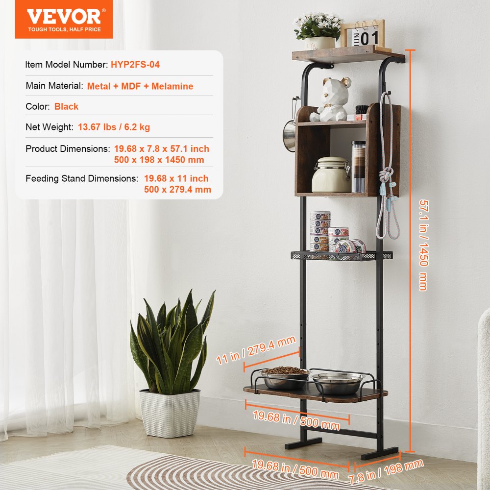 Black wood raised pet feeding station with storage shelves and adjustable height.