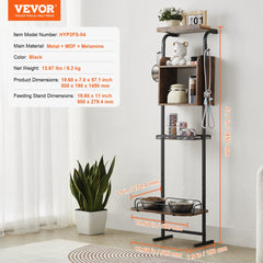 Black wood raised pet feeding station with storage shelves and adjustable height.